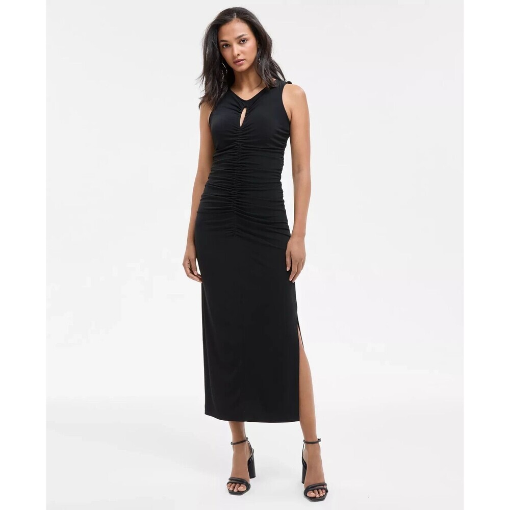 BOSS Orange Women's Sleeveless Ruched Keyhole Midi Dress Black Size M